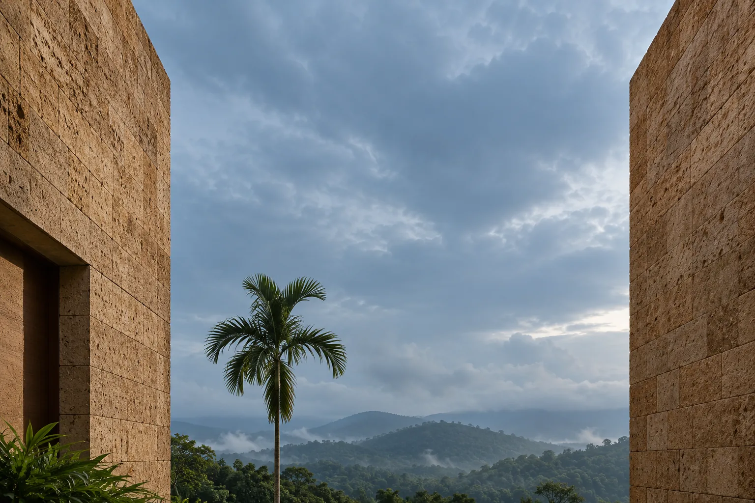 Laterite villa opening onto a misty Coorg landscape in the Avara hero