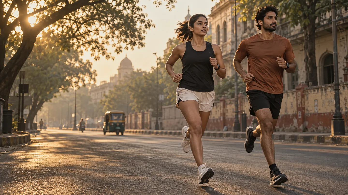 Two Indian runners on a quiet city road at sunrise