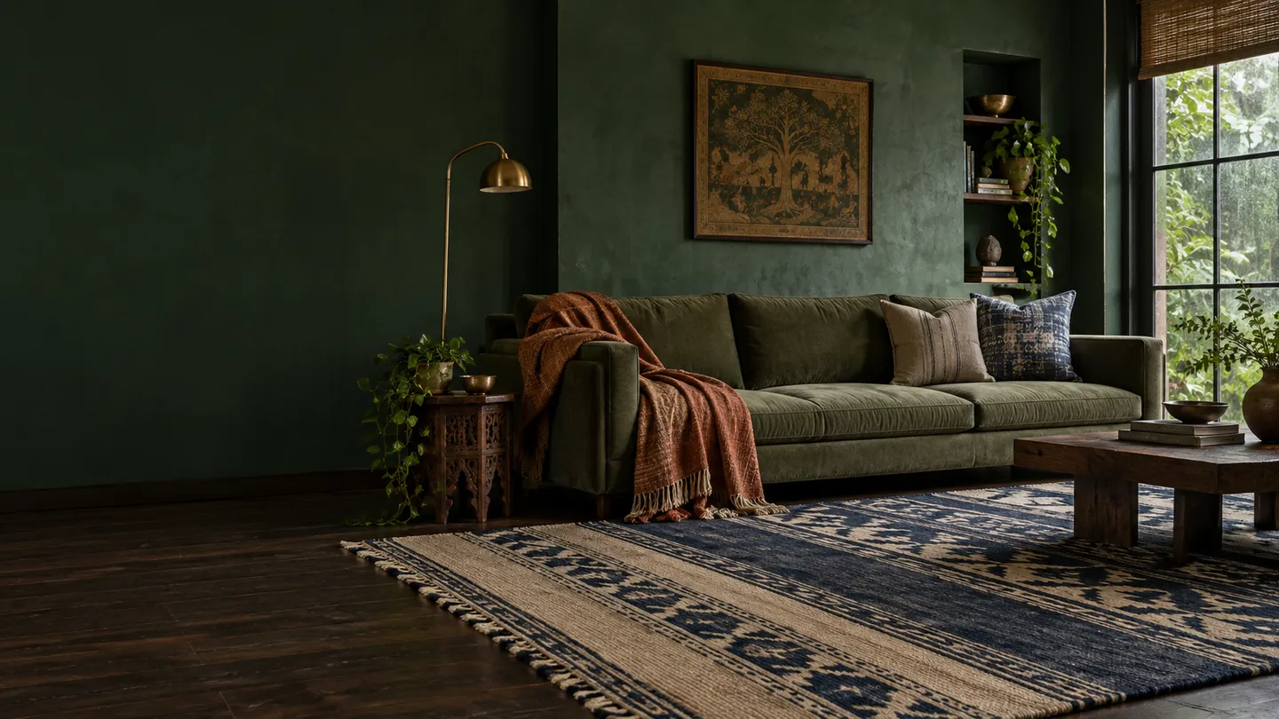 Forest-green Indian living room with an indigo dhurrie and woven textiles