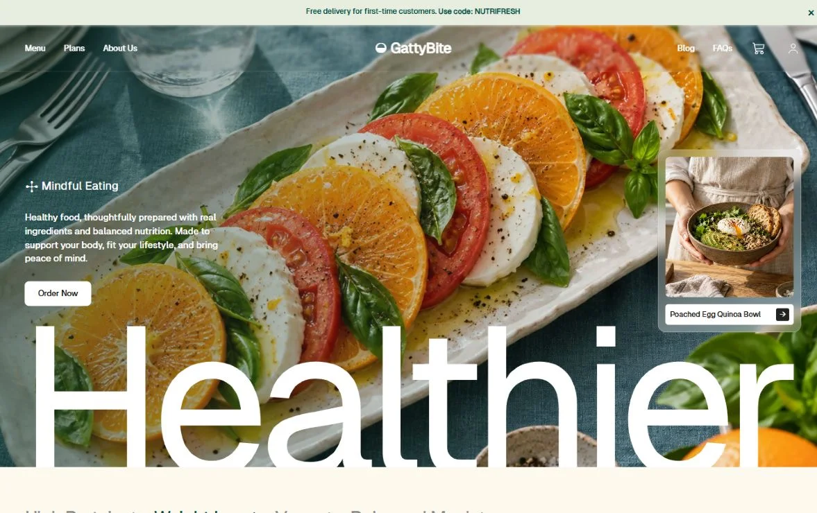 GattyBite desktop homepage with citrus salad photography and a featured meal