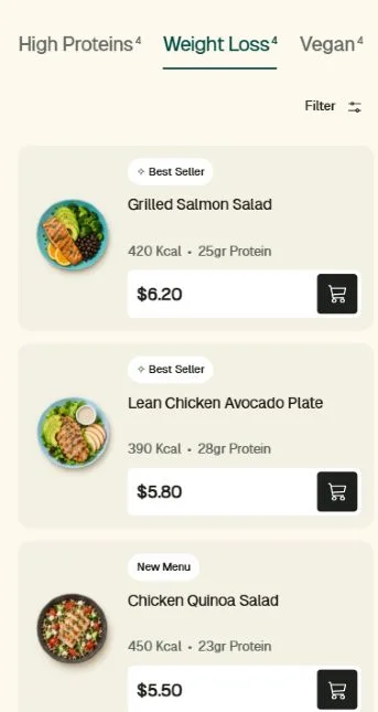Mobile GattyBite menu with scrolling text categories, an underlined selection, and compact horizontal meal cards