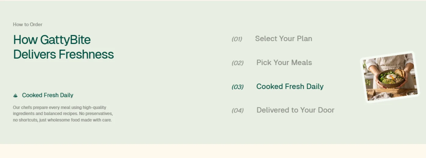 Four ordering steps beside a selected Cooked Fresh Daily description and a meal photograph