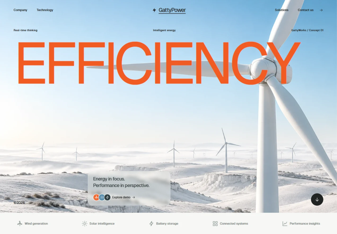 GattyPower homepage with orange typography and a white wind turbine